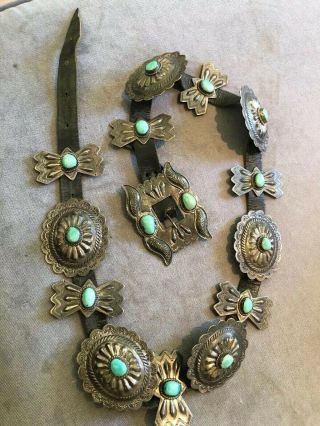 Rare Old Pawn Sterling Silver & Turquoise Navajo Indian Concho Belt & Buckle