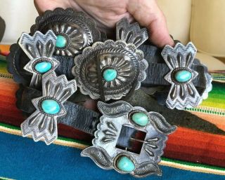 RARE Old Pawn STERLING SILVER & Turquoise Navajo Indian CONCHO BELT & BUCKLE 2