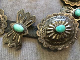 RARE Old Pawn STERLING SILVER & Turquoise Navajo Indian CONCHO BELT & BUCKLE 5