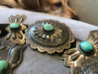 RARE Old Pawn STERLING SILVER & Turquoise Navajo Indian CONCHO BELT & BUCKLE 7