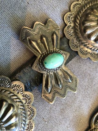 RARE Old Pawn STERLING SILVER & Turquoise Navajo Indian CONCHO BELT & BUCKLE 8