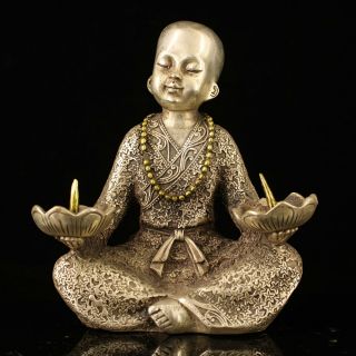 Chinaold Copper Plating Silver Handmade Gold Drawing Boy Candlestick Statue E01a