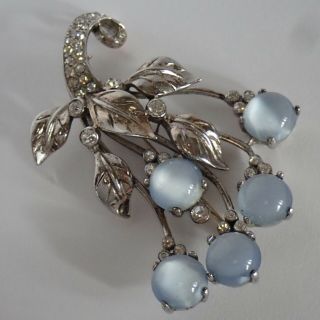 Vintage Reja Sterling Silver Faux Moonstone Rhinestone Flower Brooch