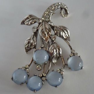 VINTAGE REJA STERLING SILVER FAUX MOONSTONE RHINESTONE FLOWER BROOCH 2