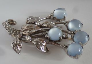 VINTAGE REJA STERLING SILVER FAUX MOONSTONE RHINESTONE FLOWER BROOCH 4