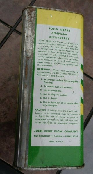 VINTAGE JOHN DEERE PLOW COMPANY 1 Gallon Anti Freeze Can Oil Advertising Tin 3