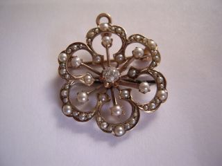 Victorian 14k Rose Gold Diamond Seed Pearl Brooch Pin Pendant Flower Floral