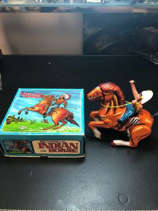 Vintage Mechanical Tin Toy Indian On A Horse,  In Org.  Box Good