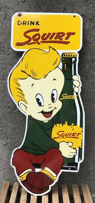 Large Vintage Old Drink Squirt Soda Porcelain Sign With Boy Dated 1951 28 " X 11 "