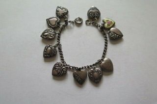 Vintage Sterling Silver Puffy Heart Charm Bracelet,  Enamel,  11 Charms,  9 Inches