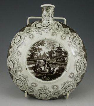 Antique Pottery Pearlware Brown Transfer Romantic Staffs.  Pilgrim Flask 1825