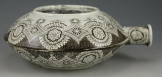Antique Pottery Pearlware Brown Transfer Romantic Staffs.  Pilgrim Flask 1825 3
