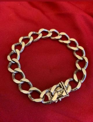 Solid 9ct Gold Vintage Solid Curb Bracelet Bark Effect Half Links Heavy