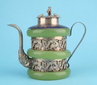Unique Chinese Tibetan Silver Jade Hand - Carved Dragon Teapot High - End Decoration