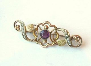 Antique Victorian 9ct Gold Amethyst Pearls Brooch