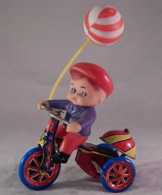 Vintage Tin Litho Mechanical Wind Up Boy Tricycle