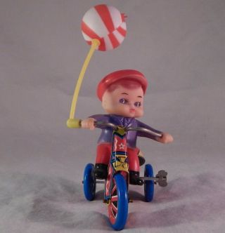 Vintage Tin Litho Mechanical Wind Up Boy Tricycle 2