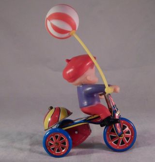 Vintage Tin Litho Mechanical Wind Up Boy Tricycle 3
