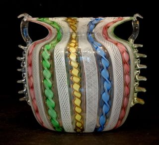 Latticino Vintage Murano Art Glass Salviati Toso Zanfirico Applied Handle Vase