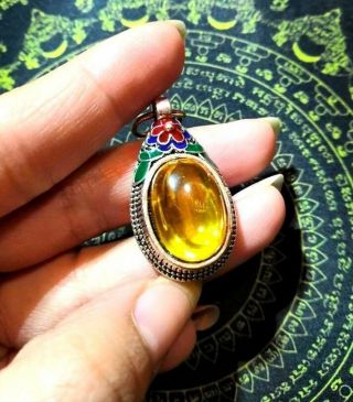 Naga Eye Amber Gemstone Crystal Thai Amulet Powerful Lucky Silver Cased Charming