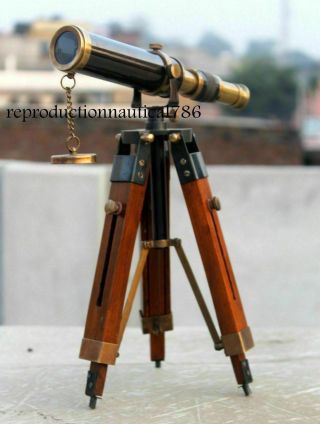 Maritime 10 " Antique Vintage Unique Brass Telescope With Wooden Tripod Stand