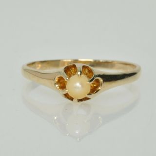Antique Vintage 14k Yellow Gold Claw Set 4mm Pearl Solitaire Estate Ring Size 10