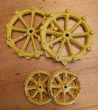 4,  Cast Iron Vintage Toy Tractor Wheels Yellow John Deere