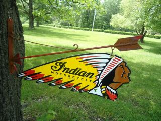VINTAGE 1950 ' S DOUBLE SIDED INDIAN MOTORCYCLES PORCELAIN SIGN W/ HANGING BRAKET 2