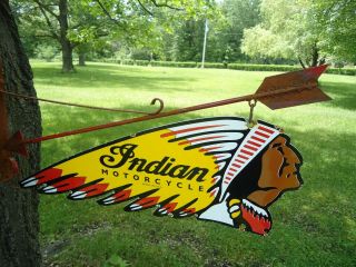 VINTAGE 1950 ' S DOUBLE SIDED INDIAN MOTORCYCLES PORCELAIN SIGN W/ HANGING BRAKET 3