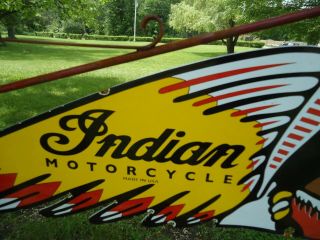 VINTAGE 1950 ' S DOUBLE SIDED INDIAN MOTORCYCLES PORCELAIN SIGN W/ HANGING BRAKET 7