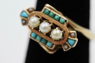 Antique Victorian 10k Gold Turquoise & Pearl Large Heavy Size 5.  5 Ring
