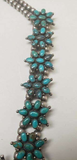 Vintage Navajo Sterling Silver Squash Blossom Signed JF Heavy Turquoise Necklace 5