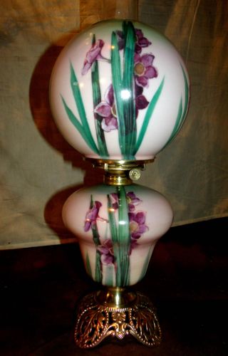 Antique Fostoria Banquet Oil Lamp (spectacular Purple Floral)