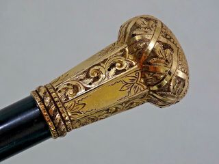 Rare Design Large Antique Walking Cane Stick Ornate Gold Filled Handle