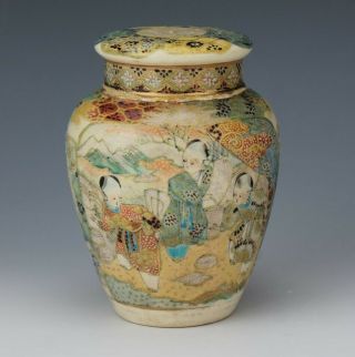 Antique Meiji Period Japanese Satsuma Hand Painted Enamel Figural Lidded Jar Evb