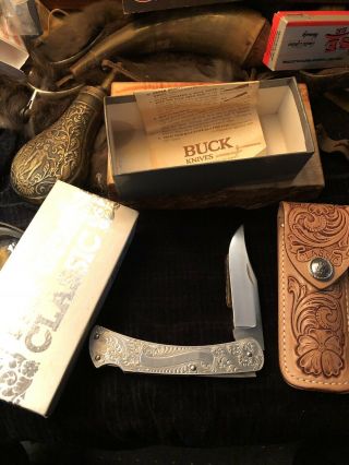 Vintage Buck 111 Classic Engraved Aluminum Knife 1980 - 1981,  Nib -