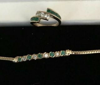 Vintage Emerald & Diamond Ring & Bracelet 14k Gold 80’s Style Fine Jewelry