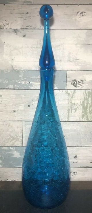 Vintage Blenko Wayne Husted Turquoise Blue Crackle Glass Decanter 6311l 22”