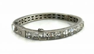 Antique Deco Sterling Bracelet With Channel Set Cut Glass Crystals Hinged Bangle