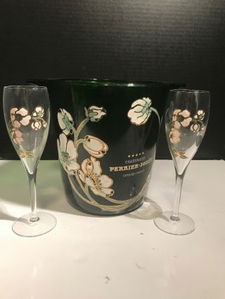 Champagne Perrier Jouet France Green Glass Ice Bucket & Champagne Flutes Vintage