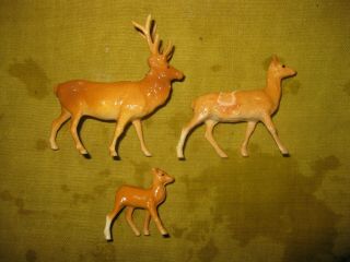 F.  Clairet France Red Deer Family Plastic Play Set Zoo Animals Circa 1950s