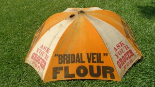 Rare antique 5 ' litho on canvas BRIDAL VEIL FLOUR store display umbrella 2
