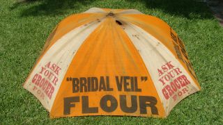 Rare antique 5 ' litho on canvas BRIDAL VEIL FLOUR store display umbrella 3