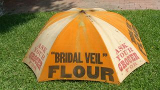 Rare antique 5 ' litho on canvas BRIDAL VEIL FLOUR store display umbrella 4