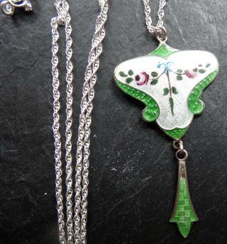 Antique Edwardian Hallmark Silver 1915 Enamel Flower Pendant Chain Necklace - A80