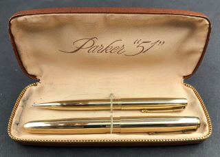 Vintage Parker " 51 " Fountain Pen,  Mechanical Pencil Set 14k Gold Filled W/case