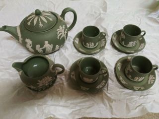 Vintage Wedgwood Jasperware Sage Green Teapot Demitasse Cups Saucers Creamer Set