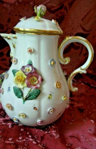 Rare Antique 18th C Meissen Porcelain Coffee Pot.  Flowers And Insects.