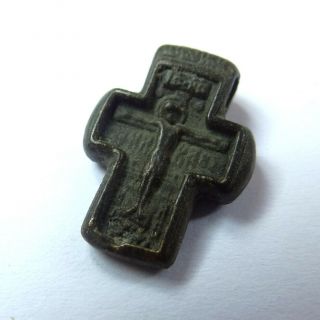 Russian Ancient Artifact Bronze Small Cross With Archangel Michael Double Sides