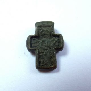 RUSSIAN ANCIENT ARTIFACT BRONZE SMALL CROSS WITH ARCHANGEL MICHAEL DOUBLE SIDES 4